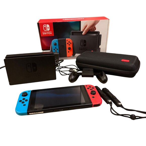 Nintendo Switch Console Neon Blue & Red Joy-Con With Dock Grip Case & Accessorie - Picture 1 of 9